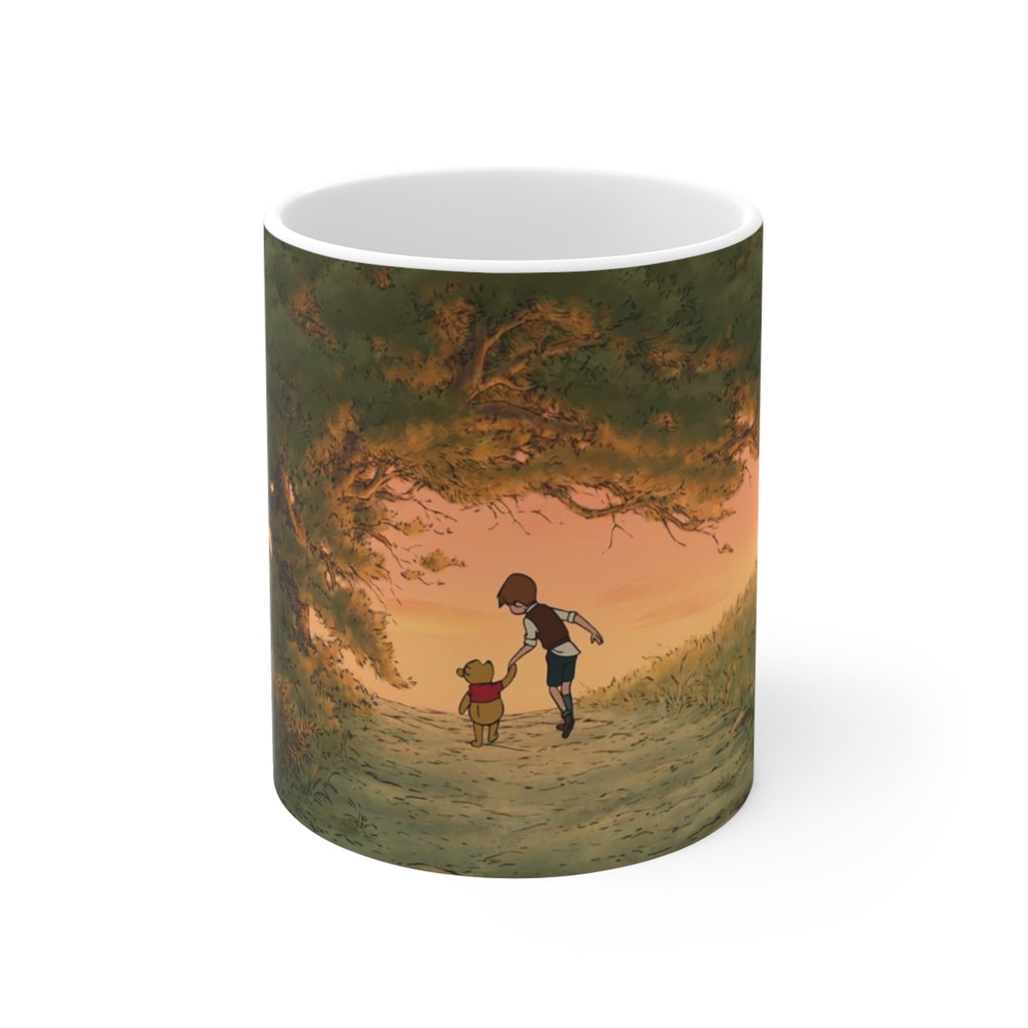 winnie the pooh and christopher robin walking through the forest mug