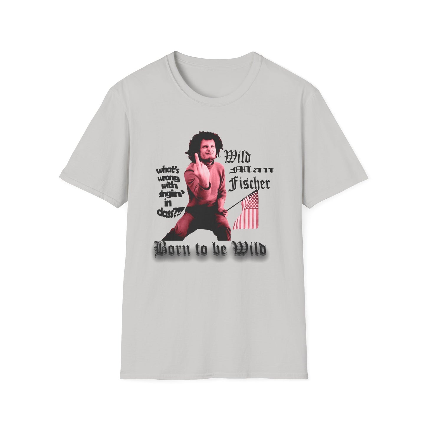wild man fischer middle finger in red tshirt