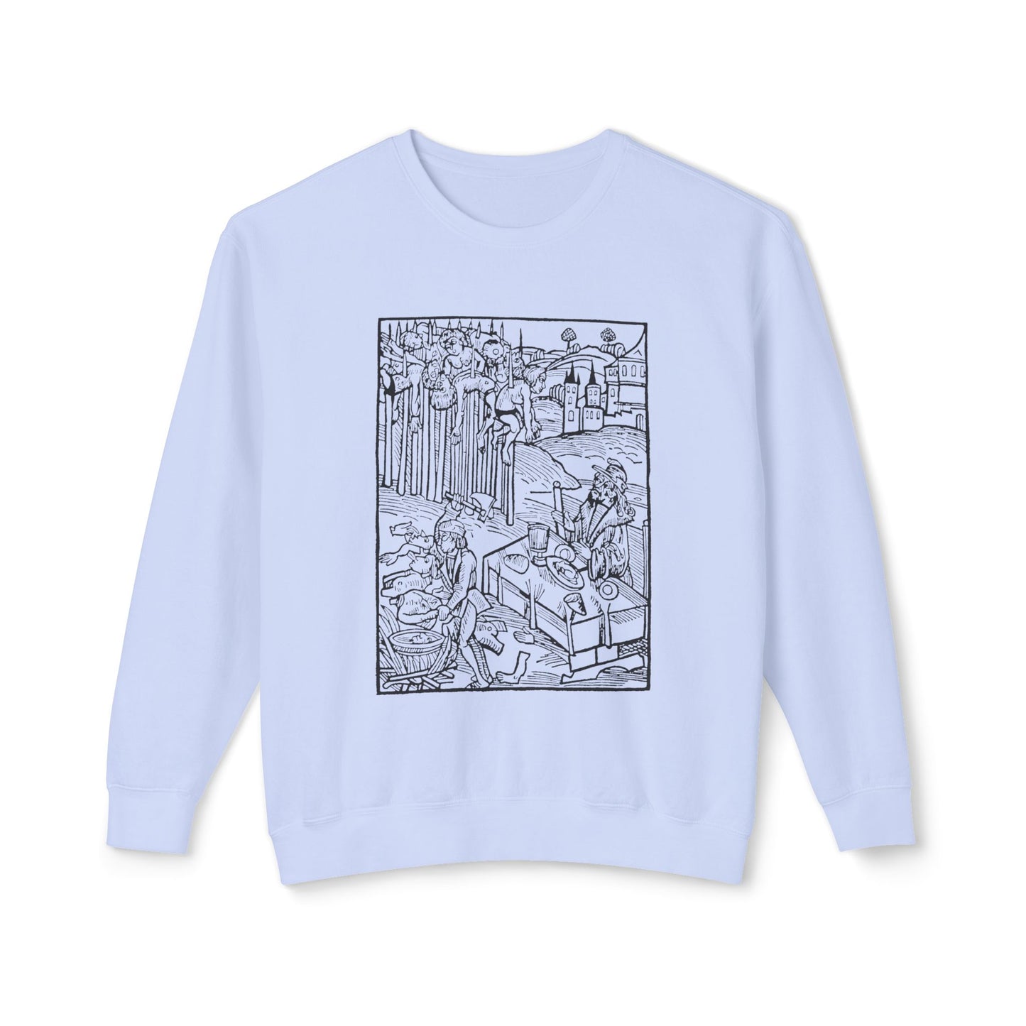 vlad the impaler dining near the mutilated bodies of his victims 1499 german woodcut by ambrosius huber 100% cotton sweatshirt