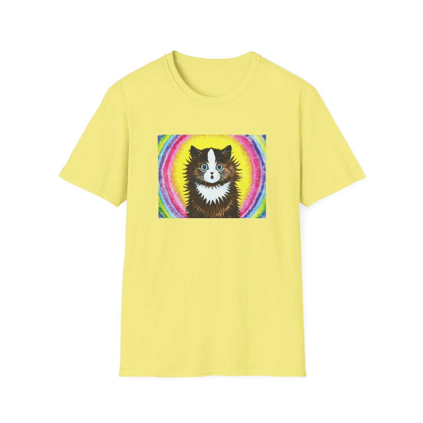 louis wain cat in a rainbow watercolour and gouache on paper reproduction tshirt