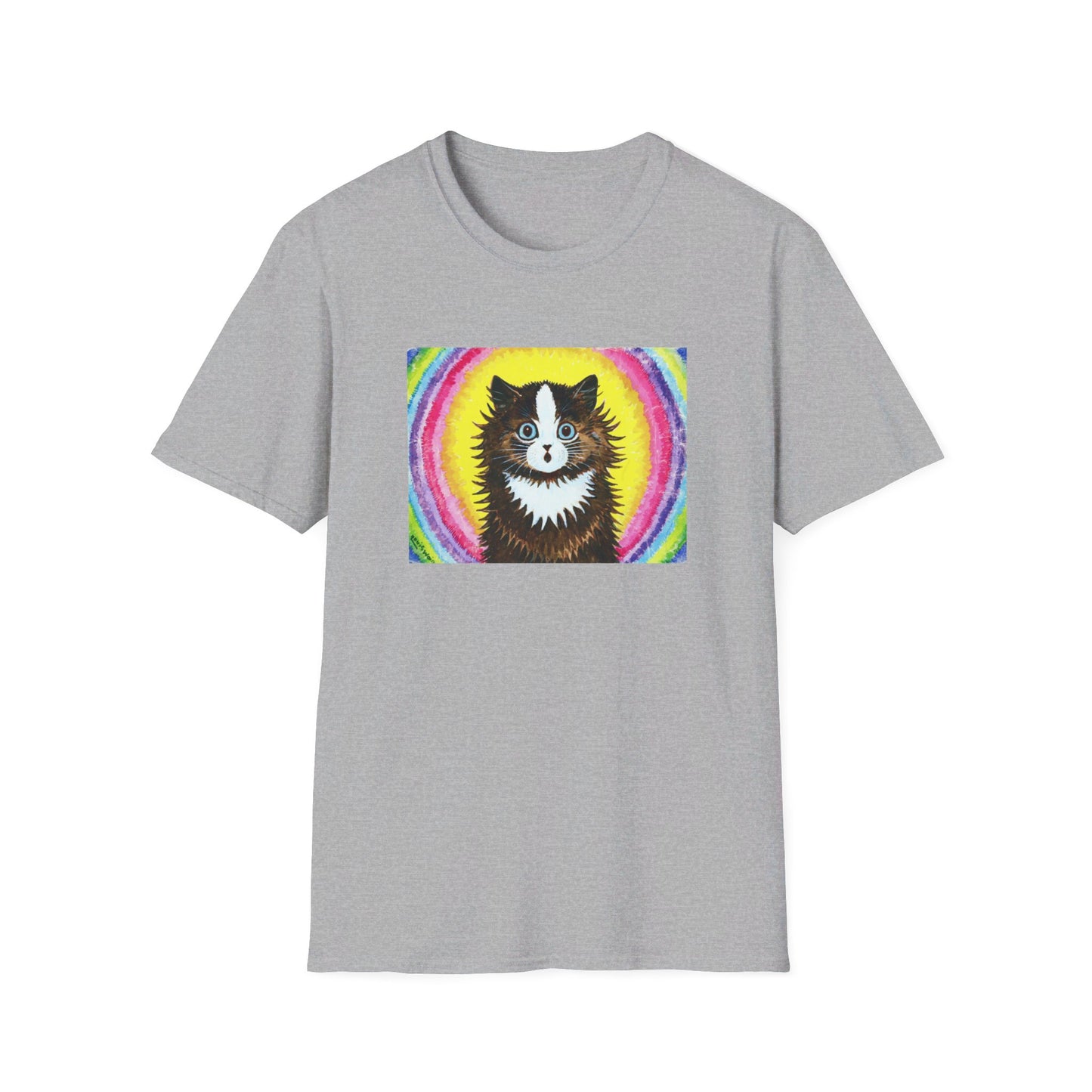 louis wain cat in a rainbow watercolour and gouache on paper reproduction tshirt