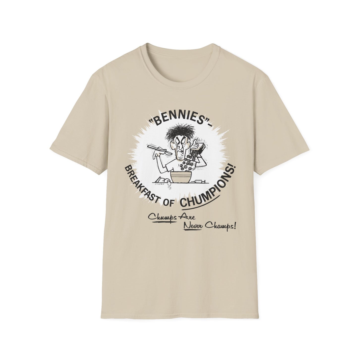 1960s/70s anti-drug poster tshirt "bennies - breakfast of chumpions! chumps are never champs!" by smartset smarteen s.o.s tshirt
