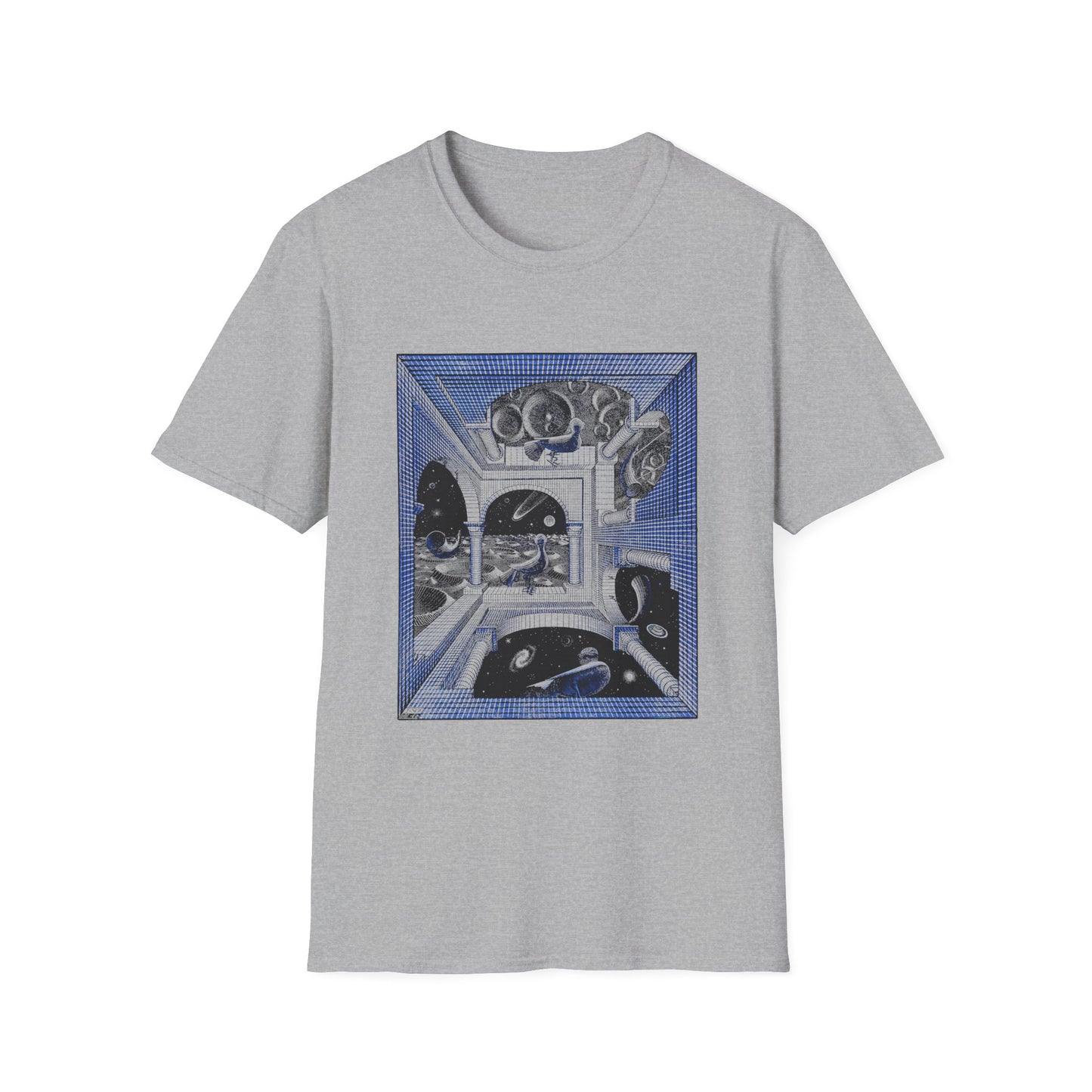 1947 m.c escher another world in blue tshirt