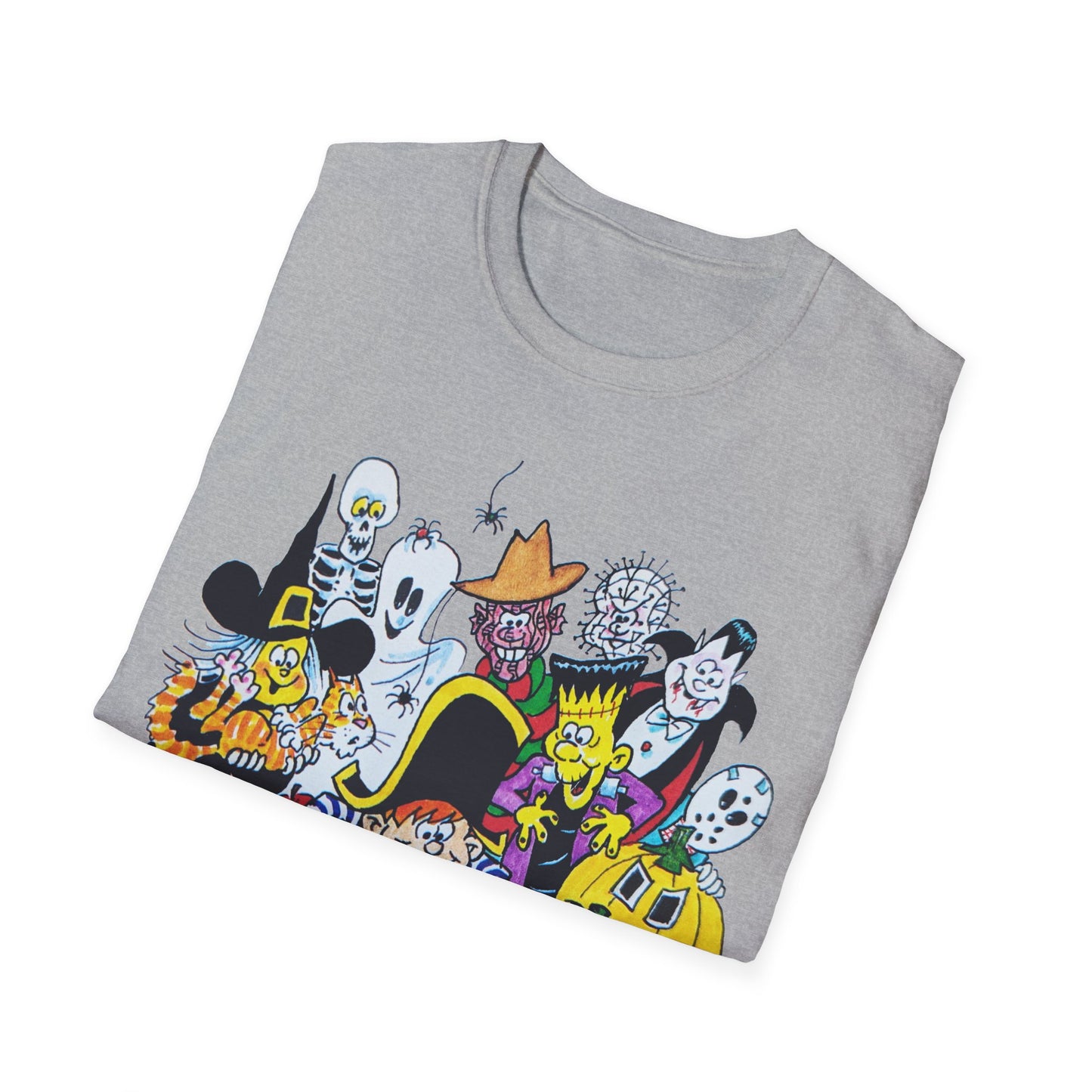 adorable cartoon witches, skeletons, jasons, freddys, and pumpkins halloween tshirt