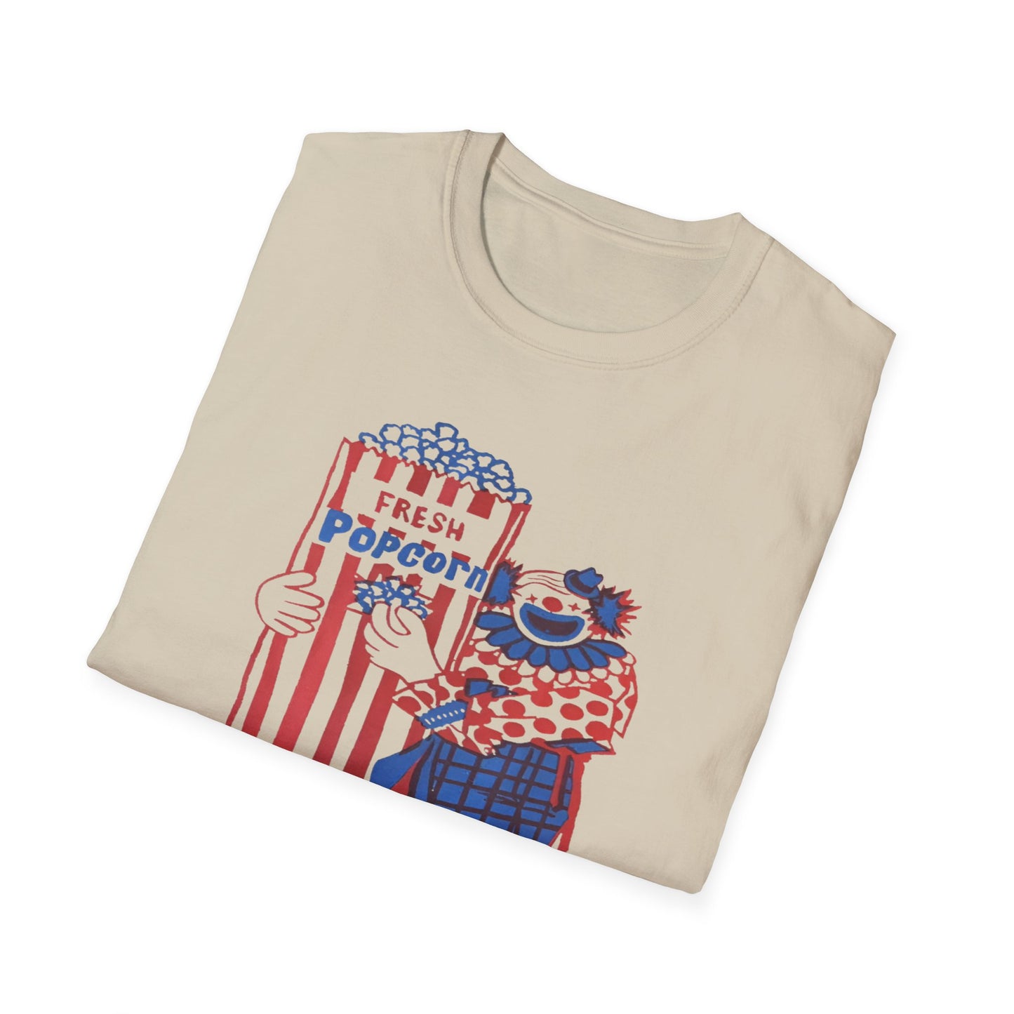 1960s popcorn box logo with a clown mascot tshirt