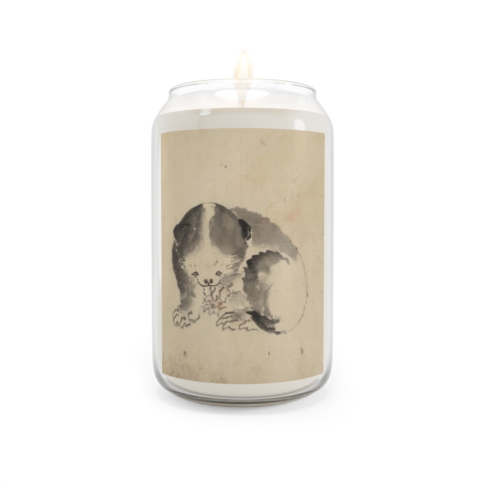 mid 1800s ink wash on handmade paper reproduction of "a cat cleaning its claws' by katsushika hokusai on a scented candle, 13.75oz whatmart