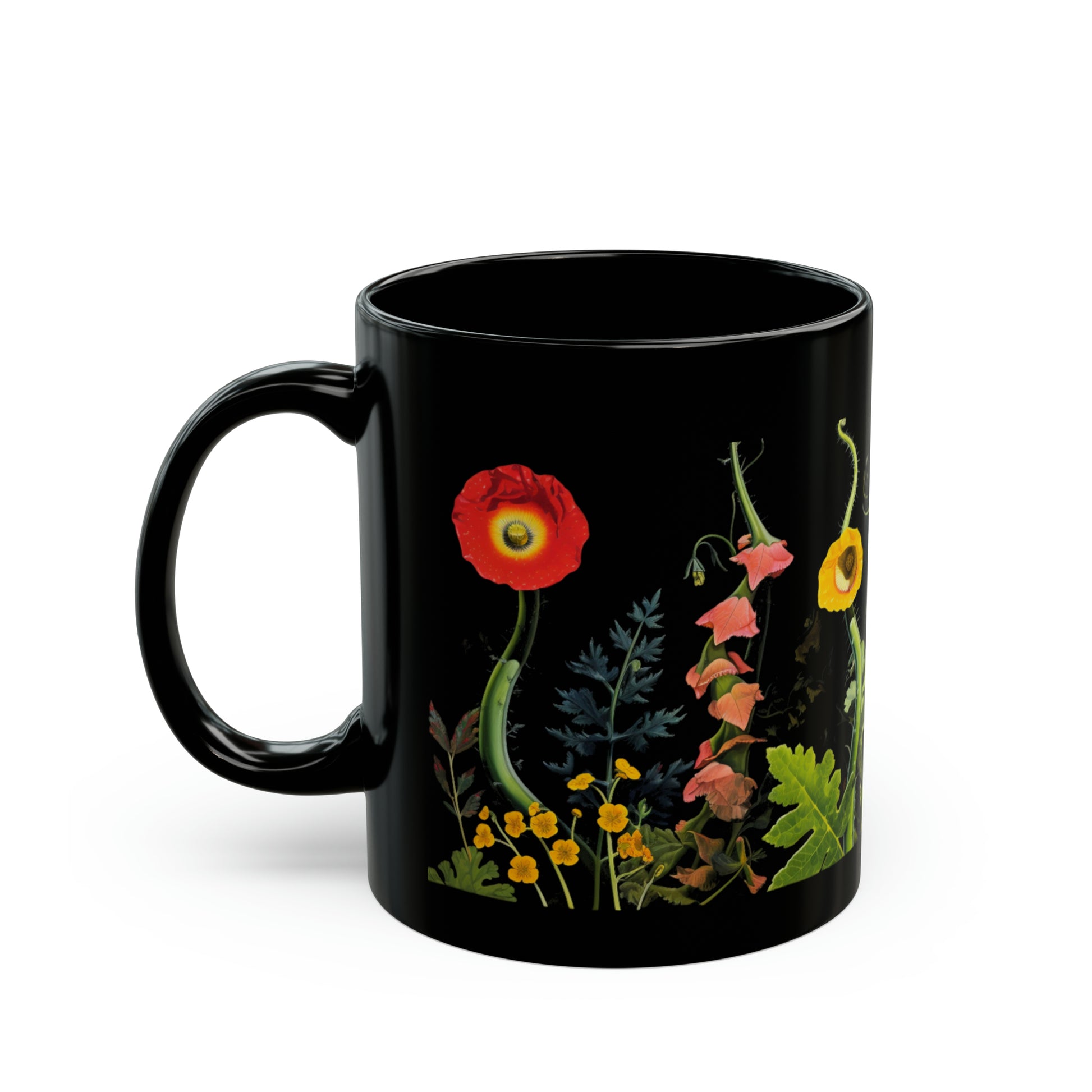 psychedelic style floral featuring black henbane, jimsonweed, foxglove, and papaver somniferum mug whatmart