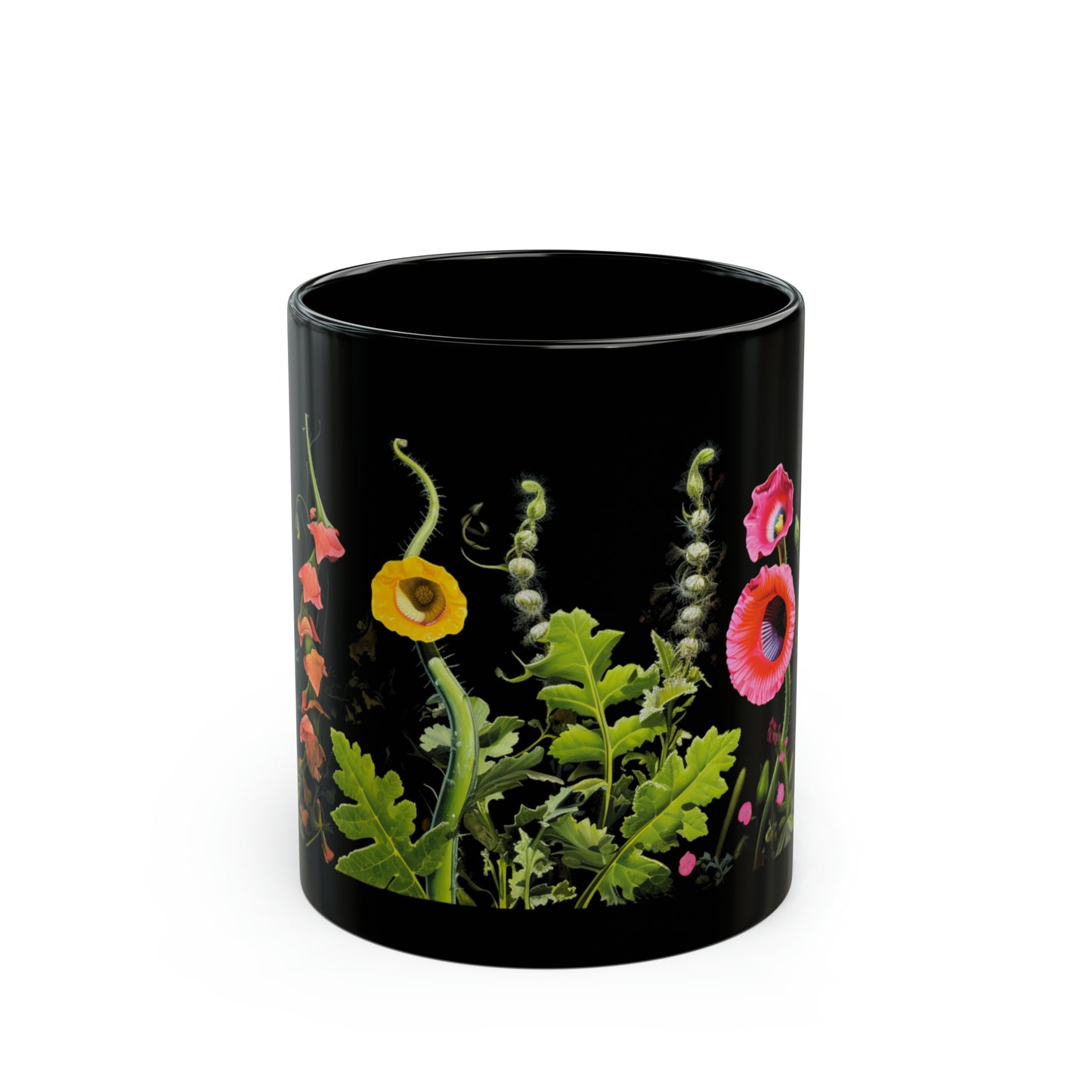 psychedelic style floral featuring black henbane, jimsonweed, foxglove, and papaver somniferum mug whatmart