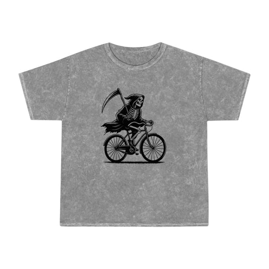 skeleton riding a bicycle unisex mineral wash tshirt whatmart