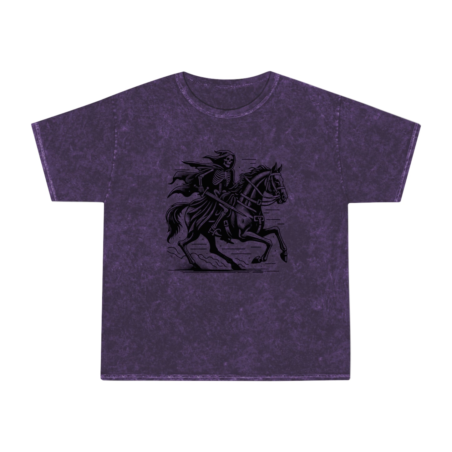 skeleton wearing a cloak riding a horse unisex mineral wash tshirt whatmart