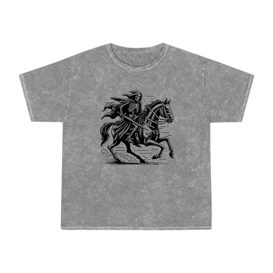 skeleton wearing a cloak riding a horse unisex mineral wash tshirt whatmart